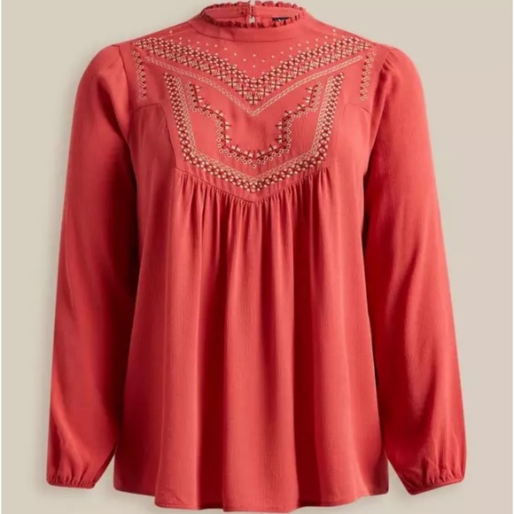 torrid Tops - Relaxed Boho Embroidered Mock-neck Blouse